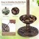 Standing pedestal birdbath with lotus leaf bowl, bronze finish, featuring drainage holes for plants and stabilizing.